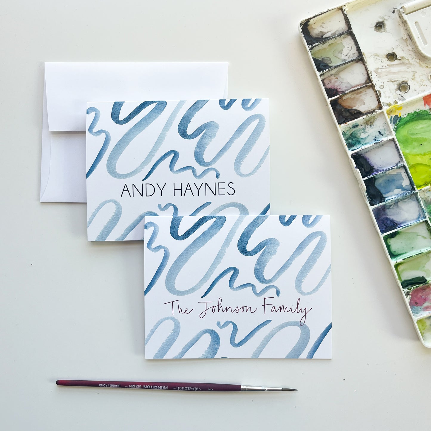 Blue Squiggles Personalized Flat Note Cards