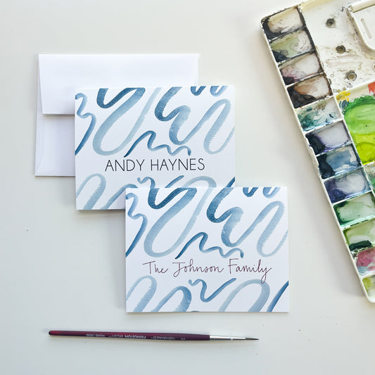 Blue Squiggles Personalized Flat Note Cards