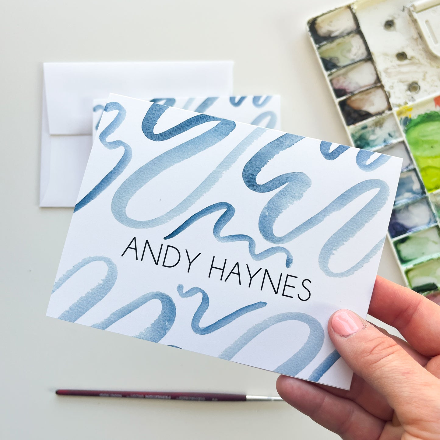 Blue Squiggles Personalized Flat Note Cards