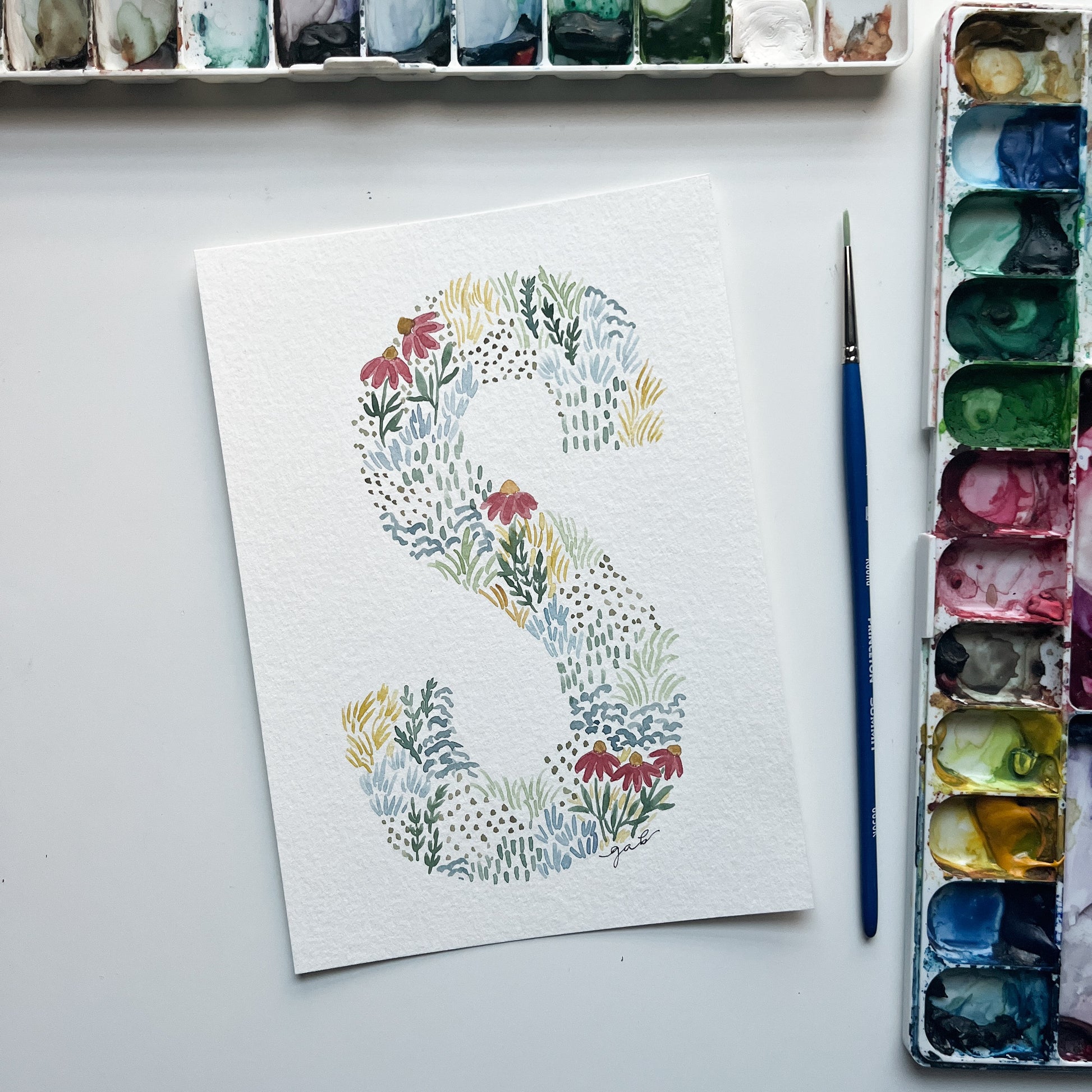 8x10 Watercolor Floral Monogram Letter