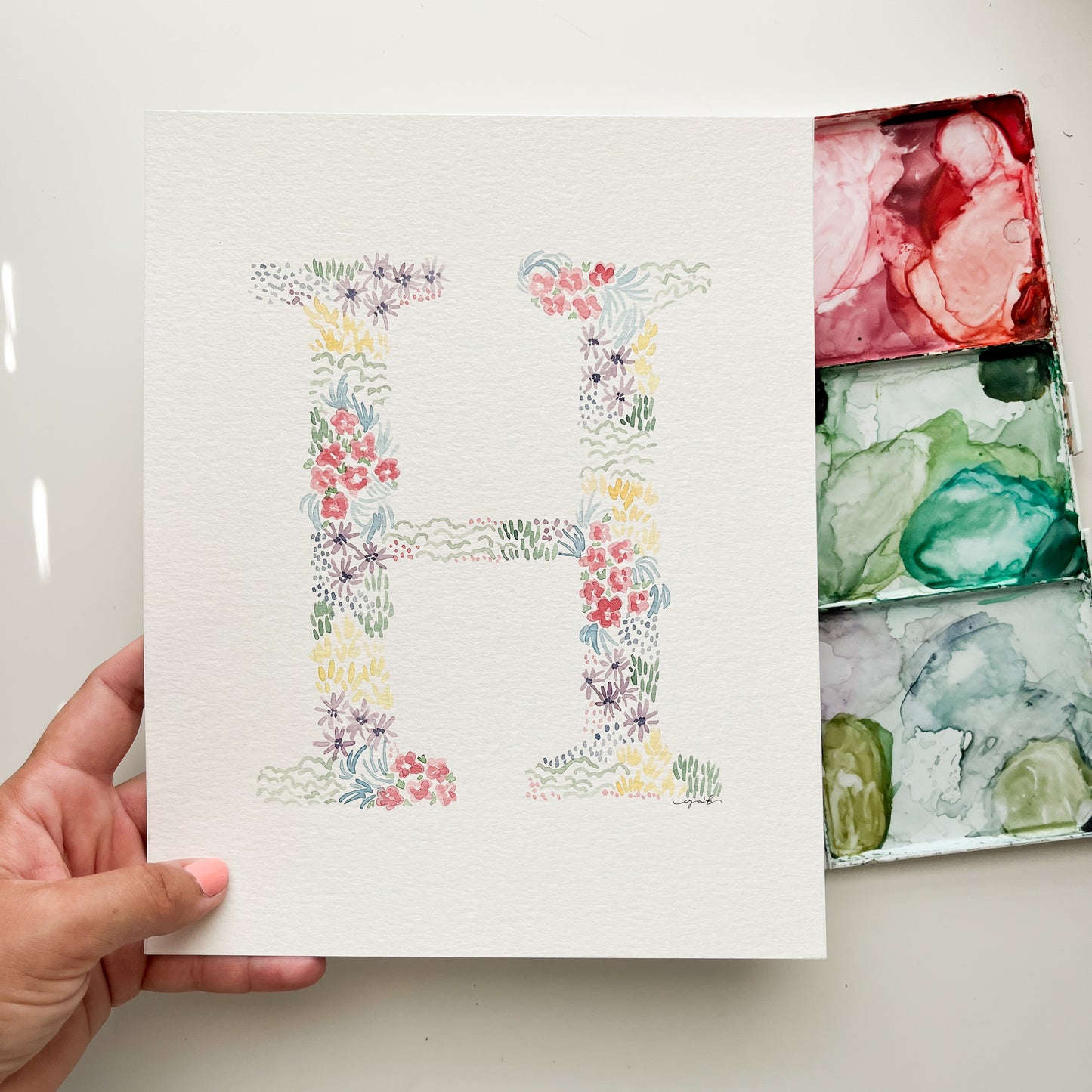 8x10 Watercolor Floral Monogram Letter