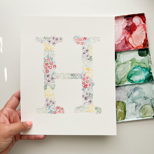 8x10 Watercolor Floral Monogram Letter