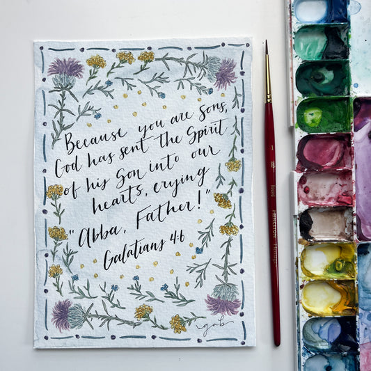 Abba, Father! Watercolor and Calligraphy Painting 5x7 Original Art