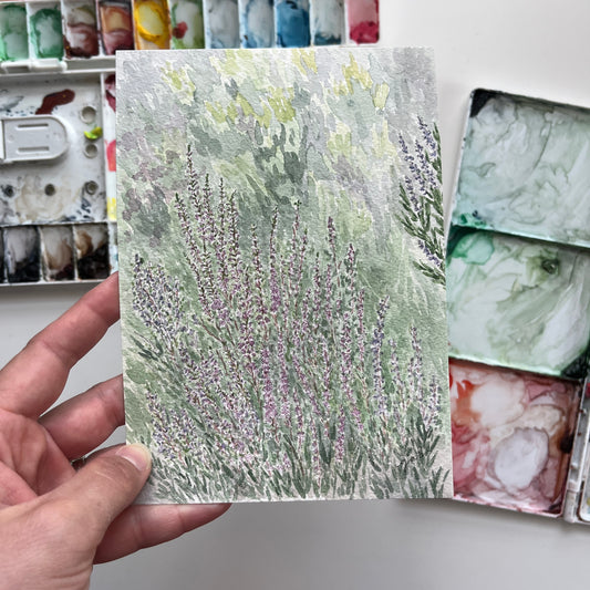 5x7 original watercolor painting of a clump of purple heather growing in the valley of Glencoe, Scotland