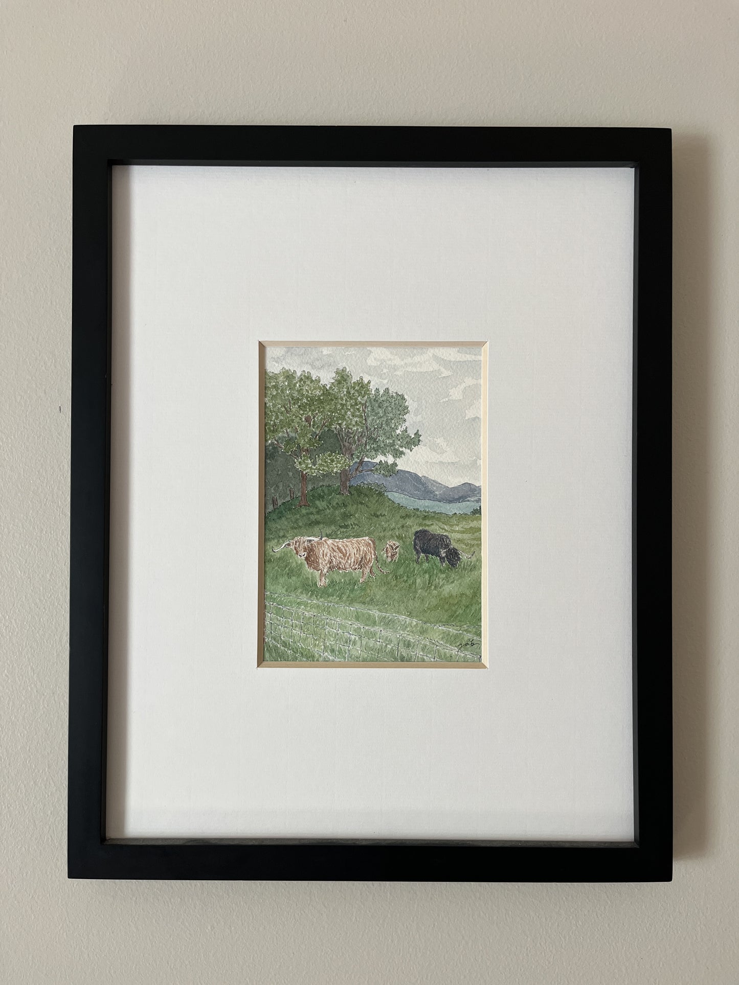 5x7 original watercolor painting of Scottish highland cattle at Cladich Fold farm in Dalmally, Scotland