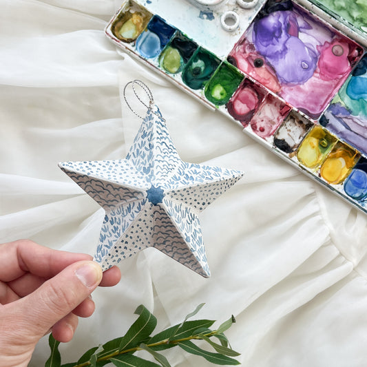 Blue & White Star Painted Christmas Ornament