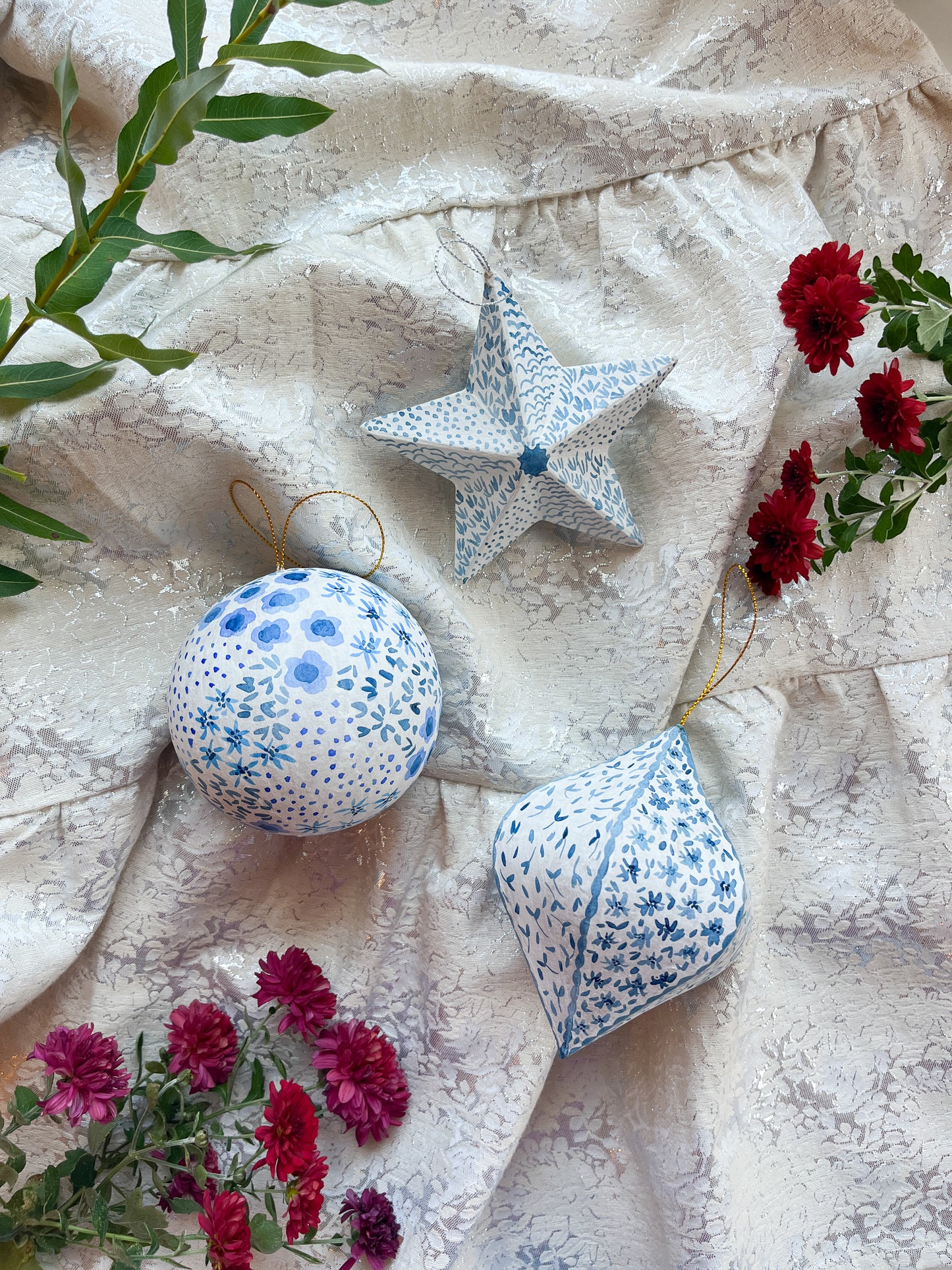 Blue & White Star Painted Christmas Ornament